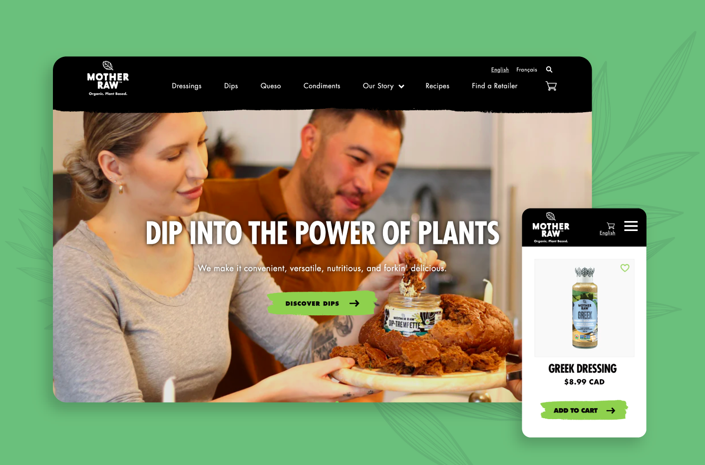 Desktop and mobile view of the Mother raw homepage showing the main navigation and a hero image of their product